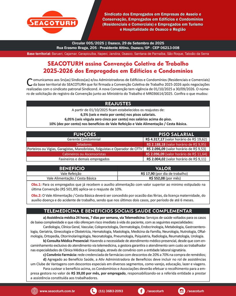Circular SEACOTURH - Edifícios e Condomínios 2025-page-001 SEACOTURH assina Convenção Coletiva de Trabalho 2025-2026 dos Empregados em Edifícios e Condomínios
