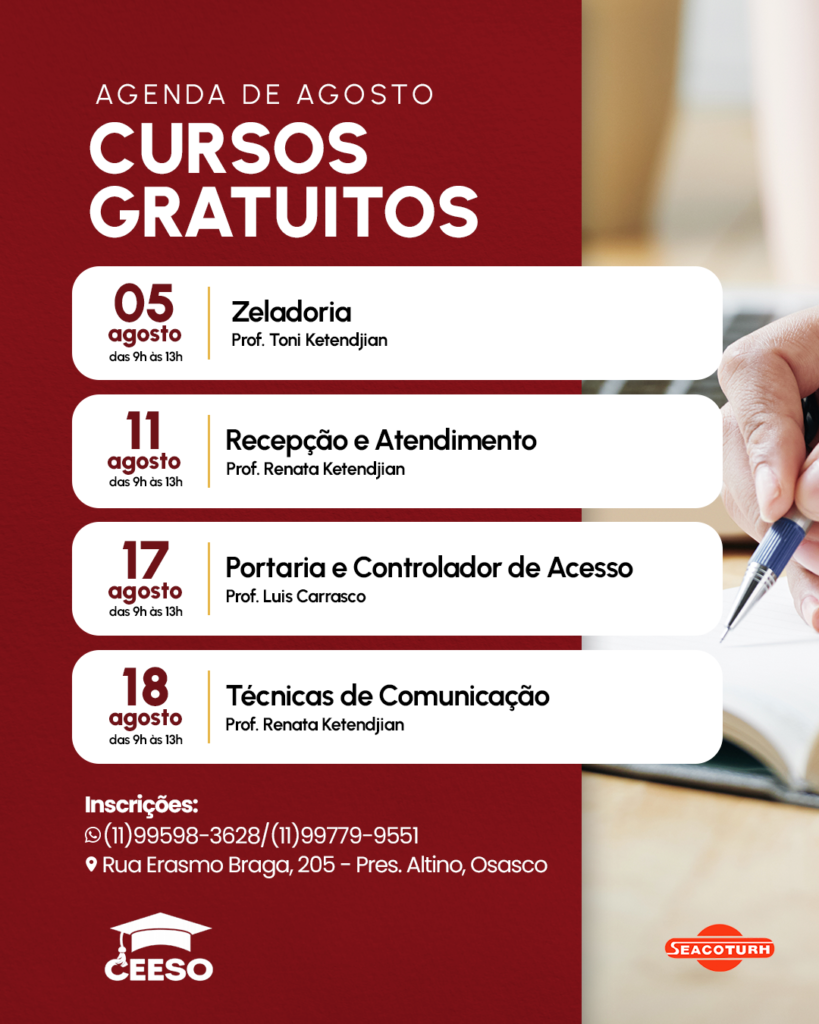 CEESO: Confira a agenda de cursos gratuitos do mês de AGOSTO!